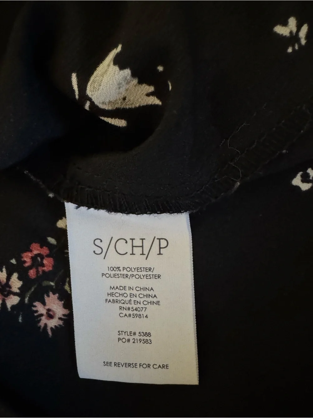 CAbi Black Floral Sleeveless women’s blouse with White and Pink Blossoms - Picture 3 of 4